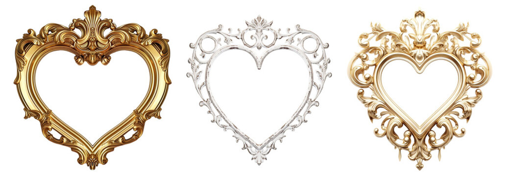 Vintage heart shaped frame, set of beautiful frames Isolated cutout on transparent background.