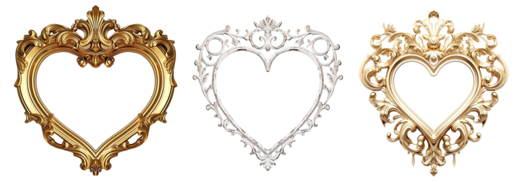 Vintage heart shaped frame, set of beautiful frames Isolated cutout on transparent background.