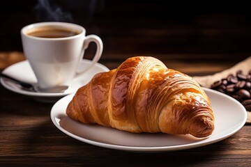 Croissant: Enjoyed with a cup of espresso in a bustling Parisian caf&Atilde;&copy;, while the aroma of freshly baked pastries fills the air --ar 3:2 --v 5.2 Job ID: 9f8d26ae-214e-4be0-8781-d117e9acd82b