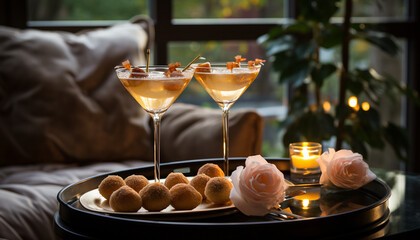 Luxury celebration indoors wine, gourmet food, candle, comfortable table generated by AI