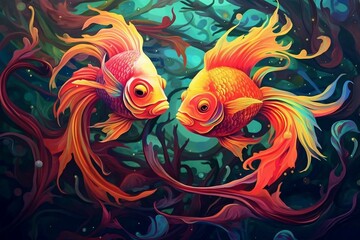 Artistic representation of contrasting twin fishes with surreal colors. Generative AI