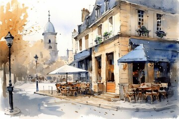 Watercolor sketch of a cafe in Paris with blue and beige color tones. Generative AI - obrazy, fototapety, plakaty