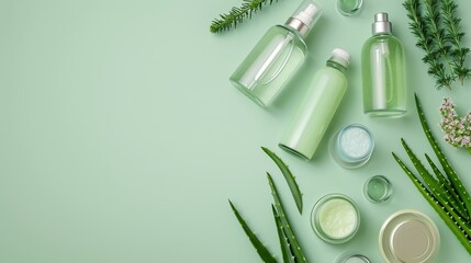 Aloe vera skincare flat lay, bottles and jars on a calming sea green surface with aloe leaves - obrazy, fototapety, plakaty