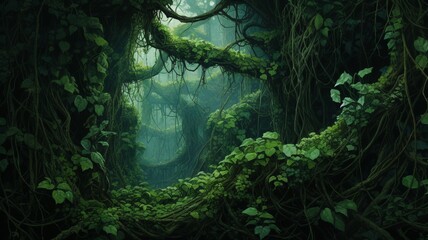 A sprawling network of vines and branches creating an intricate natural tapestry in the jungle -Generative Ai