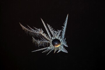 Macro photo of ice crystals grown around a frozen waterdrop