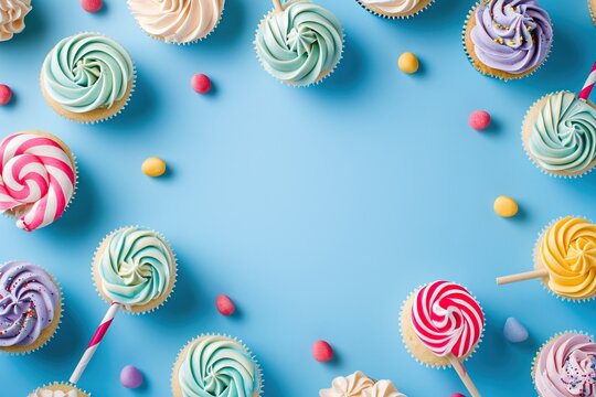 Blue table top on blue background with decorated lollipops and cupcakes, children birthday party