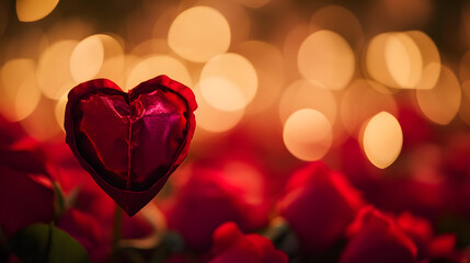 A delicate heart-shaped candy, adorned in shimmering red foil, sits amidst a sea of glowing lights, symbolizing the sweet passion and romance of valentine's day