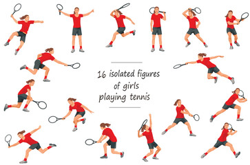 16 figures of a women's tennis player in red T-shirt in motion: standing, running, rushing, jumping, serving the ball, receiving the ball