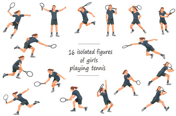 16 figures of girls tennis players in black T-shirts serving, receiving, hitting the ball, standing, jumping and running