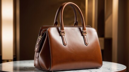 A brown leather purse is placed on a table. The background is a wooden wall.