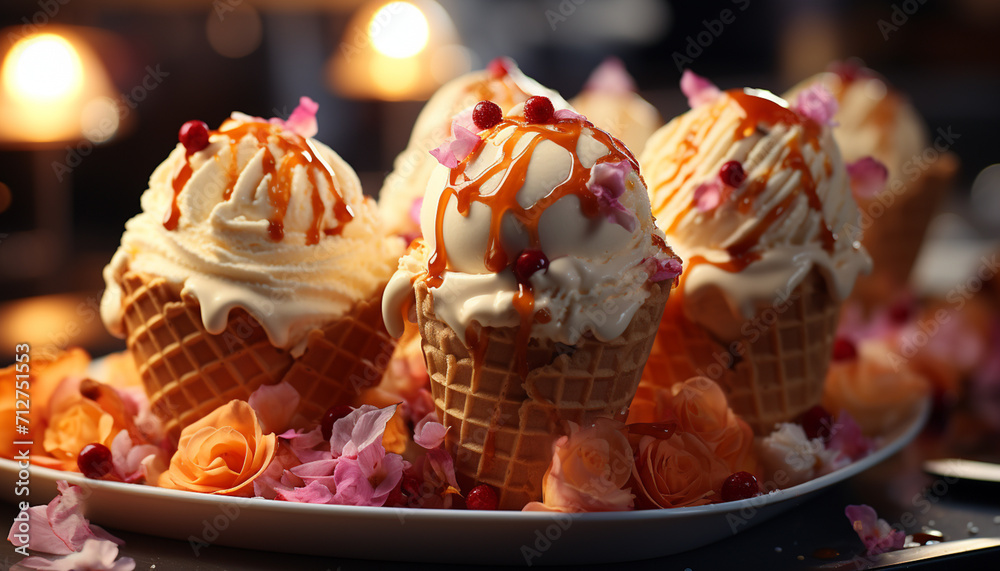 Wall mural Indulgent homemade ice cream sundae on yellow waffle bowl generated by AI