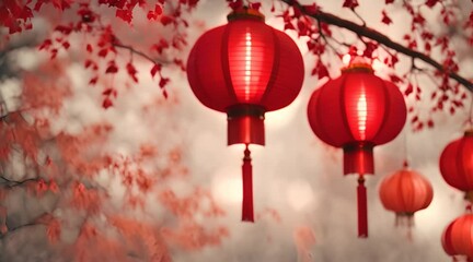Blurred abstract background. Chinese red lanterns on blurred background AI