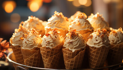 Homemade ice cream sundae melts on wooden table, refreshing indulgence generated by AI