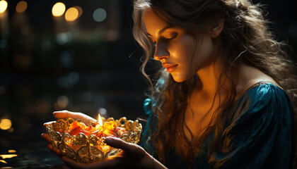 Young woman enjoying the night, illuminated by a glowing flame generated by AI