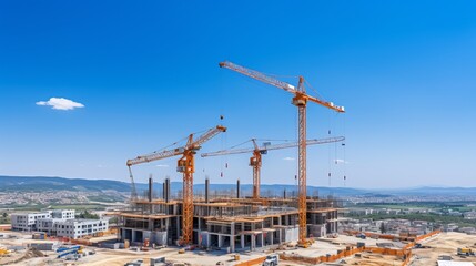 Fototapeta na wymiar Factory construction site with crane and building under blue sky, industrial development process