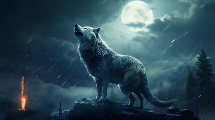 wolf howling at the moon , Generate AI - obrazy, fototapety, plakaty