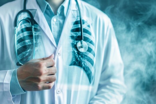 Doctor Or Healthcare Professional Wearing A White Coat And Holding A Stethoscope, Surrounded By Lung X-rays Showing Signs Of Tuberculosis.