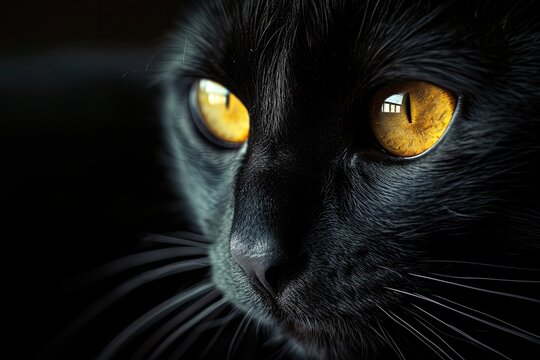A close-up of a black cat with glowing yellow eyes against a dark background