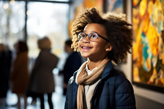 Portrait of happy African-American schoolboy in glasses in front of modern paintings during a school art expedition. Extracurricular activities to influence students' future career choices in schools. - Powered by Adobe