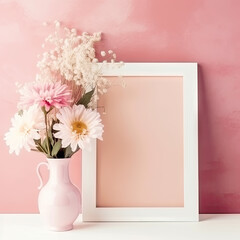 White empty blank photoframe with copy space for text or picture standing on table near vase with pink delicate flowers. Mother's Day, Valentine's Day, birthday card, wedding invitation