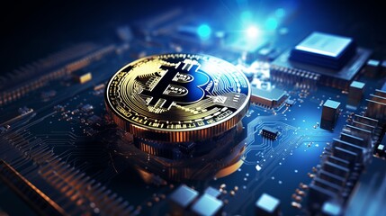 Bitcoin abstract blue background with iot tech concept for cryptocurrency and blockchain industry