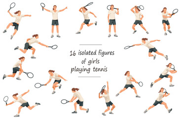 16 isolated girls' figures of tennis players in white sportswear standing, running, rushing, jumping, hitting, serving, receiving the ball