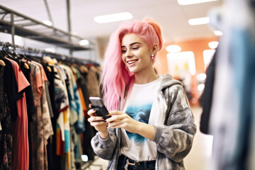 Stylish young generation Z girl with pink hair, dressed in a tie-dye hoodie with a zipper, chooses clothes in a store, asking for advice, chatting with an online stylist using a smartphone.