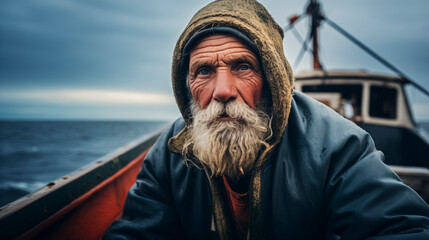 portrait of a senior fisherman on his fishing vessel with blurred background - obrazy, fototapety, plakaty