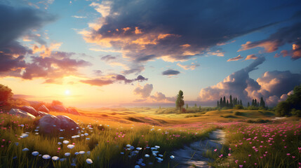 Obraz premium spring meadow in the morning at sunrise