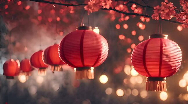 Blurred abstract background. Chinese red lanterns on blurred background AI
