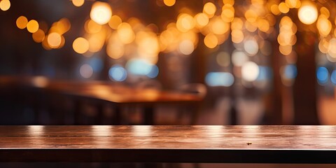 Wooden table on a blurry cafe background with golden lighting at night, ideal for showcasing products or designing visual layouts.