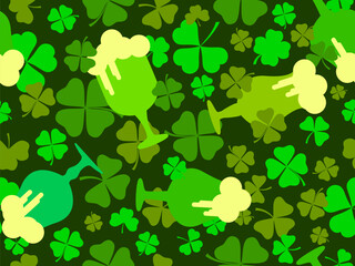 Seamless pattern with clover leaves and glasses of beer for St. Patrick's Day. Green glasses of beer on a stem with foam. Festive design for wallpaper, banner and cover. Vector illustration