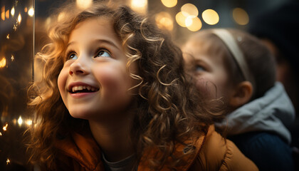 Smiling children playing, enjoying Christmas lights, creating joyful togetherness generated by AI