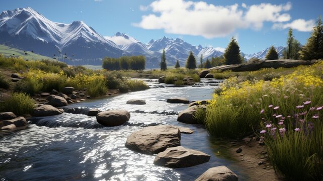 A sunlit mountainous landscape with a crystal-clear river winding through the valleys and reflecting the blue sky above -Generative Ai