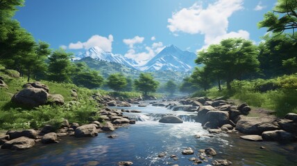 Naklejka na ściany i meble A sunlit mountainous landscape with a crystal-clear river winding through the valleys and reflecting the blue sky above -Generative Ai