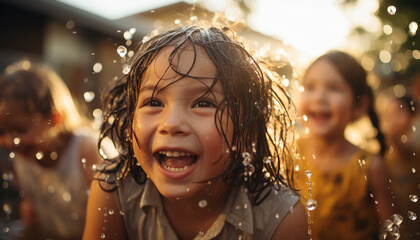 Obraz na płótnie Canvas Smiling girls playing, splashing water, enjoying carefree childhood outdoors generated by AI