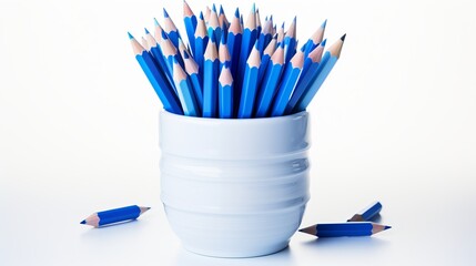 Blue and white pencils with white outer layer on white background, arranged neatly