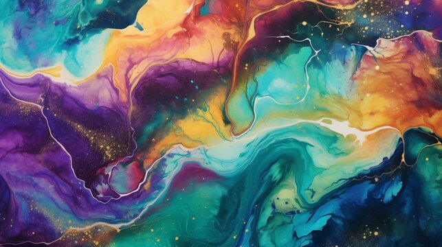 Abstract Purple, Orange, and Blue Marble Ink Watercolor Texture Background with Fluid Nebulae in Dark Yellow and Turquoise Flow