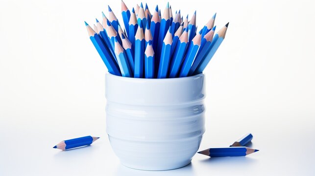 Blue and white pencils with white outer layer on white background, arranged neatly