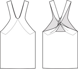 Women's Knotting Detail, V-Neck Strappy Knit Top- Technical fashion illustration. Front and back, white color. Women's CAD mock-up.