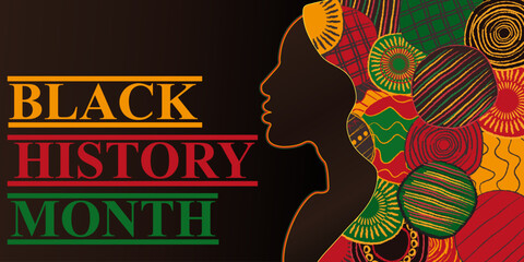 silhouette of an African American woman in a national African log. Black History Month holiday  banner, wallpaper, web card . Art design cover celebration print with African continent flag colors. 
