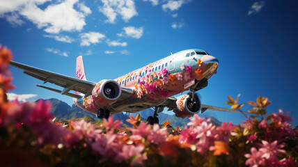 an airplane decorated with flowers flies across the sky, summer travel, flight to Hawaii, air transport, tourism, nature, beauty, vacation, tropics, height, speed, garland