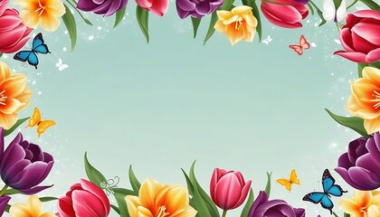 Tulip flowers and butterflies frame or border, seamless background. Seamless Floral festive background for wedding invitations, greeting cards, banners with copy space area created with generative ai