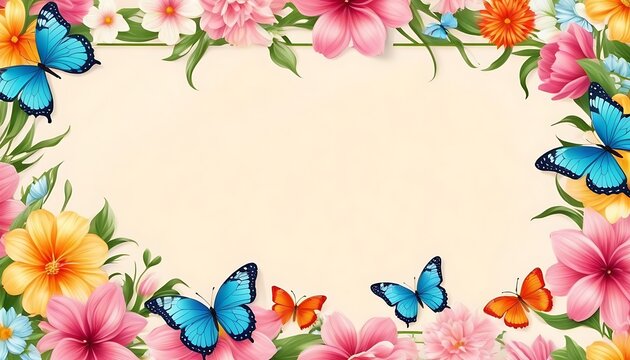 Tulip flowers and butterflies frame or border, seamless background. Seamless Floral festive background for wedding invitations, greeting cards, banners with copy space area created with generative ai