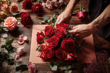 Plan view of florist's hands, making up a red rose flower arrangement surrounded bye, scissors, string and disregarded petals