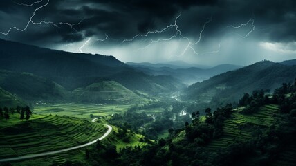 A surreal shot of a lightning storm over a mountainous landscape at night -Generative Ai