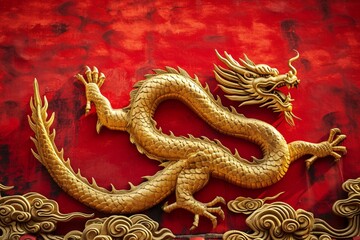 golden dragon on red wall for Happy Chineese New Year 2024 background