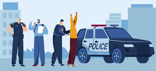 Police officers arresting suspect near squad car, cityscape background. Law enforcement and public safety vector illustration.