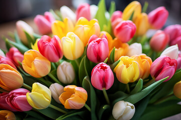 Close-up of a bouquet of pink, yellow and white tulips in a flower shop
