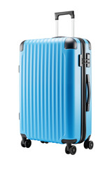 Light blue striped suitcase, object for design, vacation and travel concept